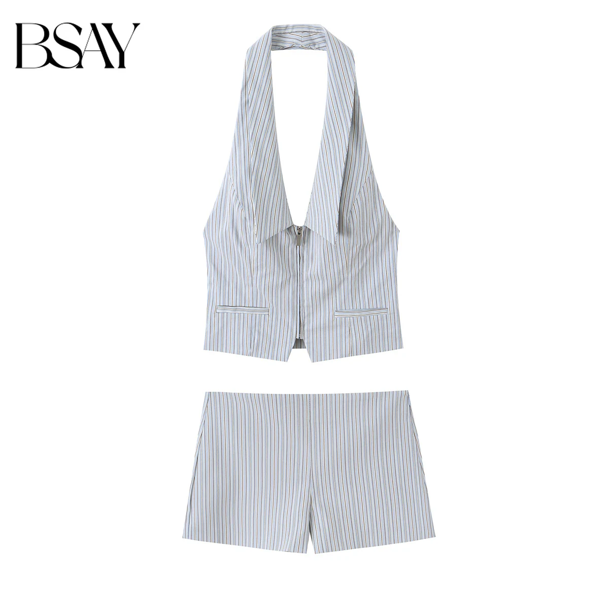 BSAY Gestreifte Shorts 2-teiliges Set Sommer Neu Spicy Girl Neckholder-Top mit Reißverschluss Sexy Rückenfreies Top Schicke Damen High-Waist Gerade Hose