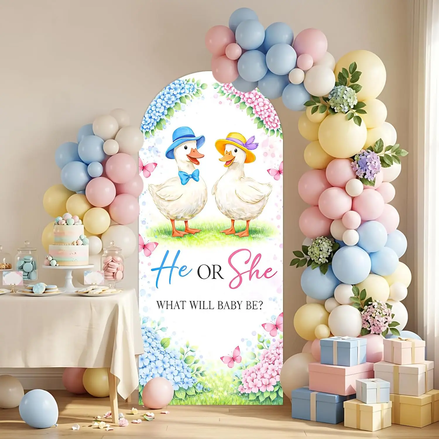 Fondo de dos caras con temática de pato para revelación de género, decoraciones para fiesta de recién nacido, para niño o niña, azul o rosa, cubierta de arco Chiara