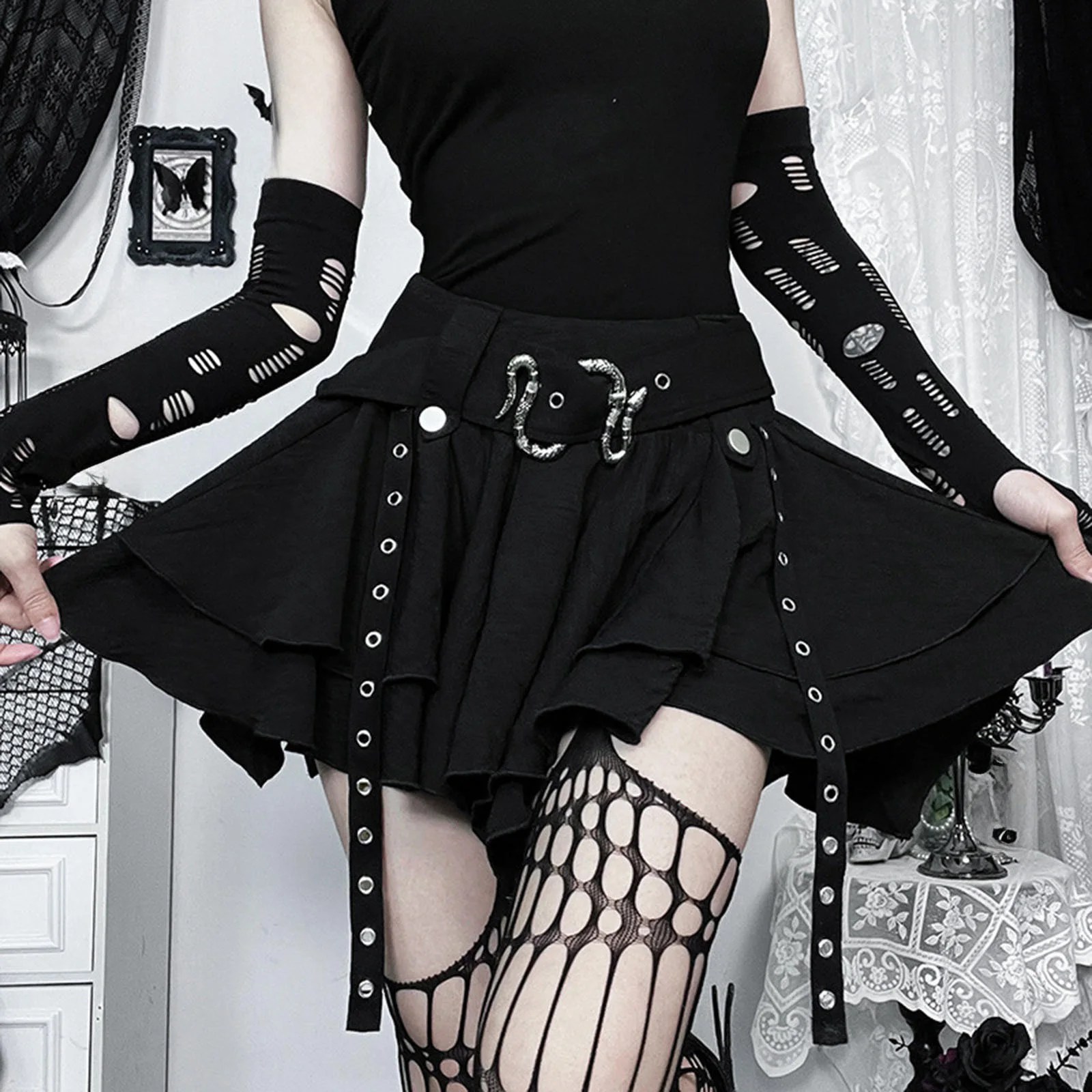 

Черные юбки, женская одежда Y2k, стимпанк, вечеринка на Хэллоуин, нерегулярная мини-юбка на шнуровке, готический японский стиль, бандажная короткая юбка