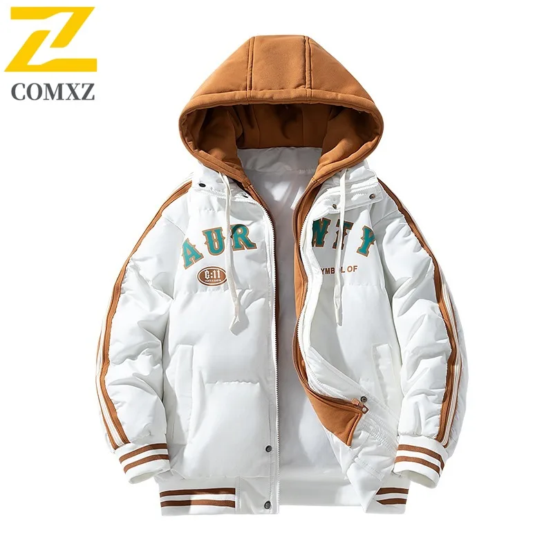 COMXZ 2025 남성용 겨울 후드 두꺼운 컬러 블록 패딩 재킷 미국 스타일 숏 캐주얼 아웃도어 스포츠 방수 방풍 코트