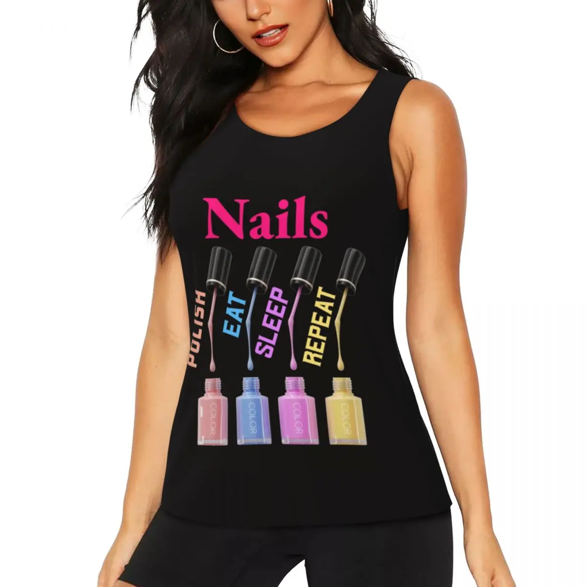 Custom Women Nails Polish Eat Sleep Repeat Workout Yoga Shirt Sleeveless Tech Funny Quotes Gym Running Tank Tops