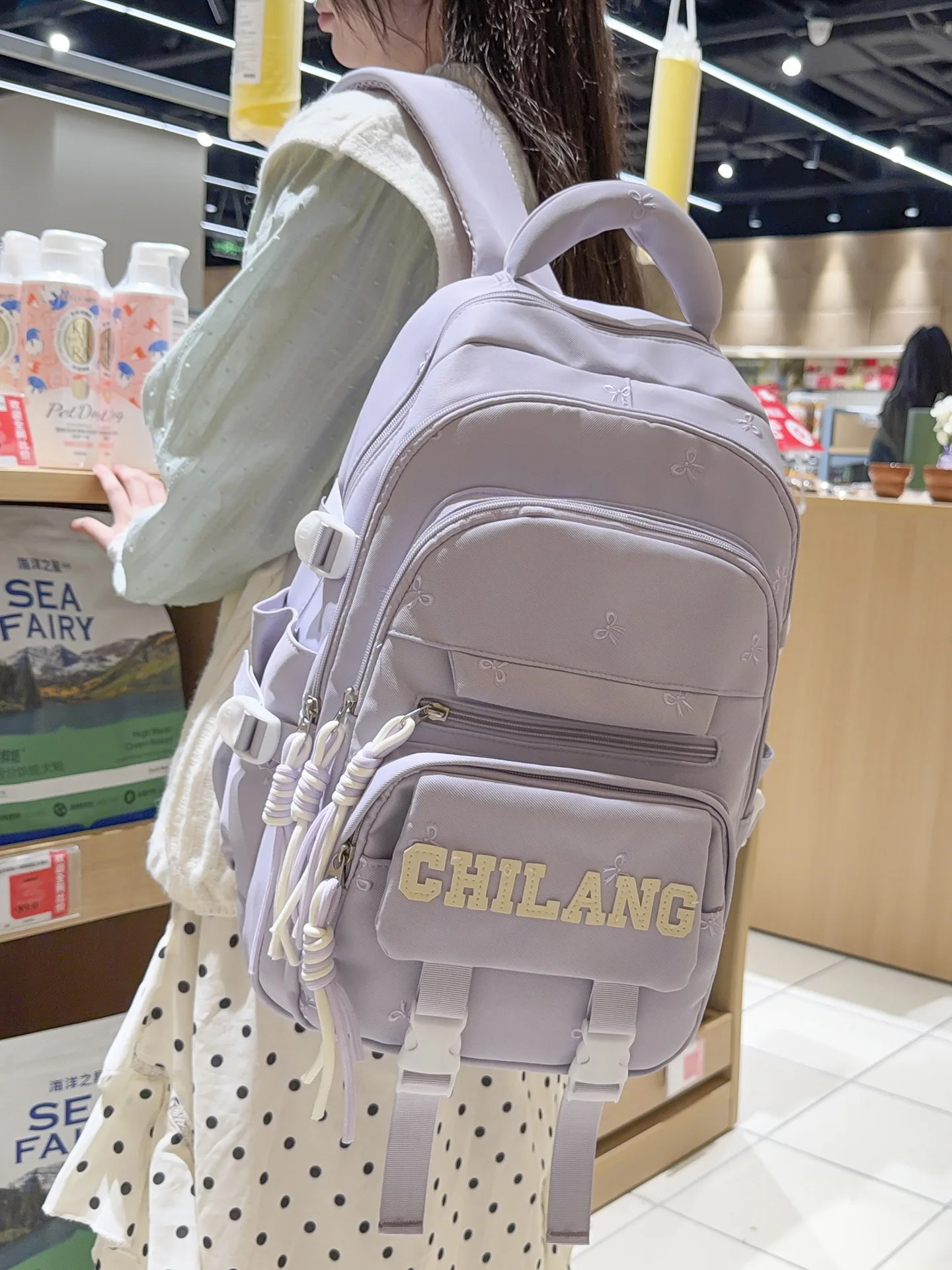 Fashion Embroidery Bow Pattern Backpack for Teen Girls Drawstring Detail Large Capacity Nylon  Casual  Daypack