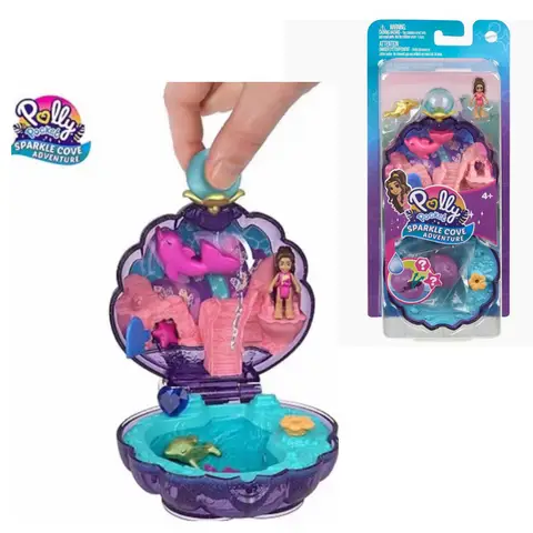 Original Polly Pocket Mini Polly Bay Adventure Purple Shell Pocket Eight Treasure Box Play Home Children Toys Holiday Gifts