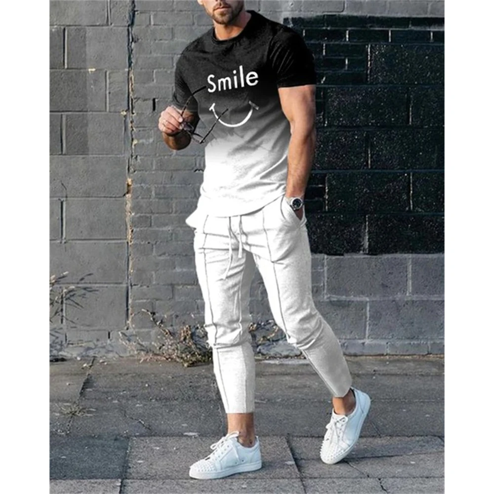 2024 Men\'s Summer Tracksuit 2 Piece Sets Short Sleeve T-Shirt+ Sweatpants Trousers Set Fashion Men Oversized Streetwear Clothing