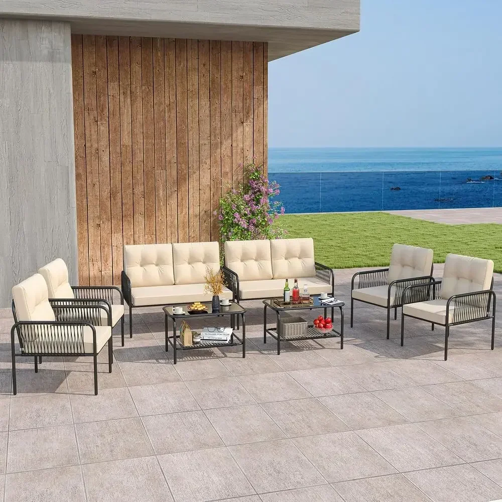 8 Pieces Patio urniture Set, PE Rattan Soa Chairs with Loveseat, Tempered Glass Coee Table and Sot Cushions, Outdoor Contion Set