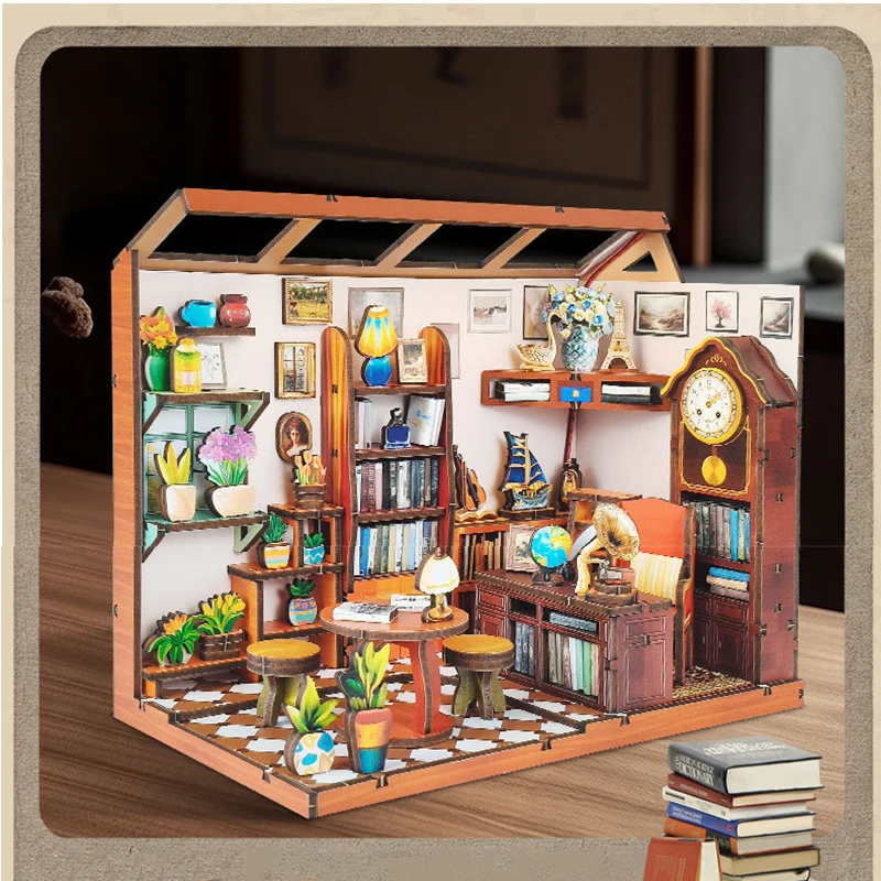 Kits de construção em miniatura de madeira diy, casas de bonecas da livraria de tom com móveis, mini casas de bonecas para amigos, presentes de aniversário