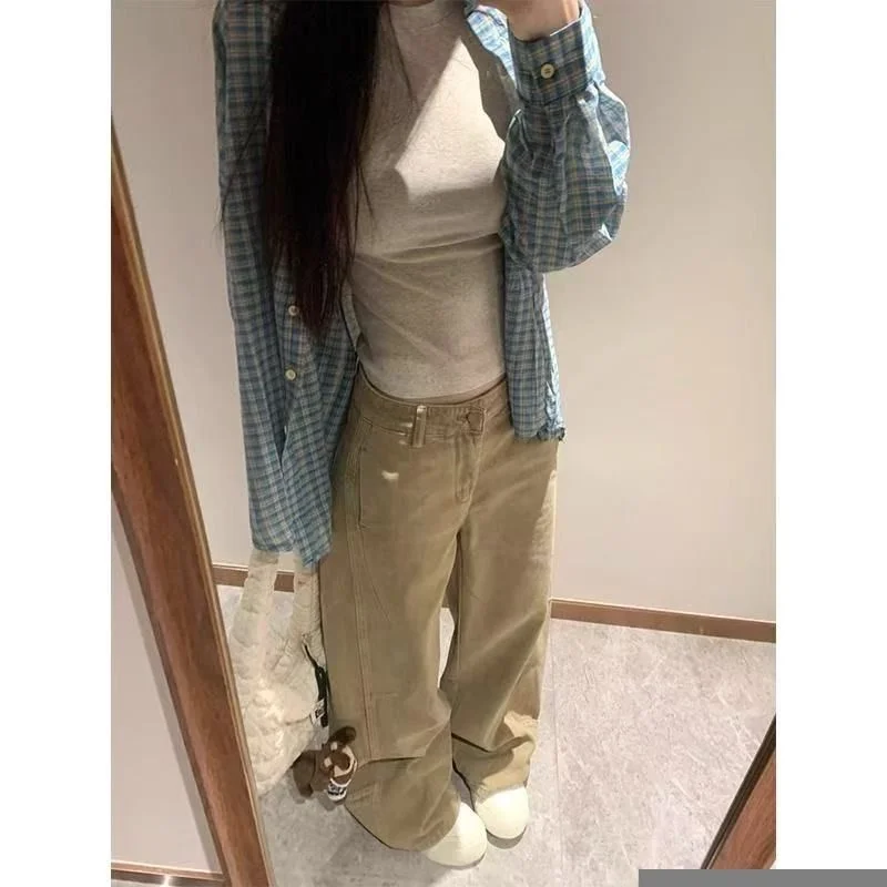 

American Retro Khaki Straight Leg Jeans Women's High Waist Loose Slimming Narrow Version Wide Leg Pants Casual Cotton Polyester