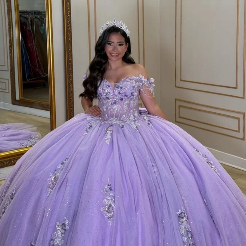 

Shiny Purple Quinceanera Dress off-shoulder Lace flower glitter decal Long tail Bow vestidos de 15 Quinceanera ﻿Customized