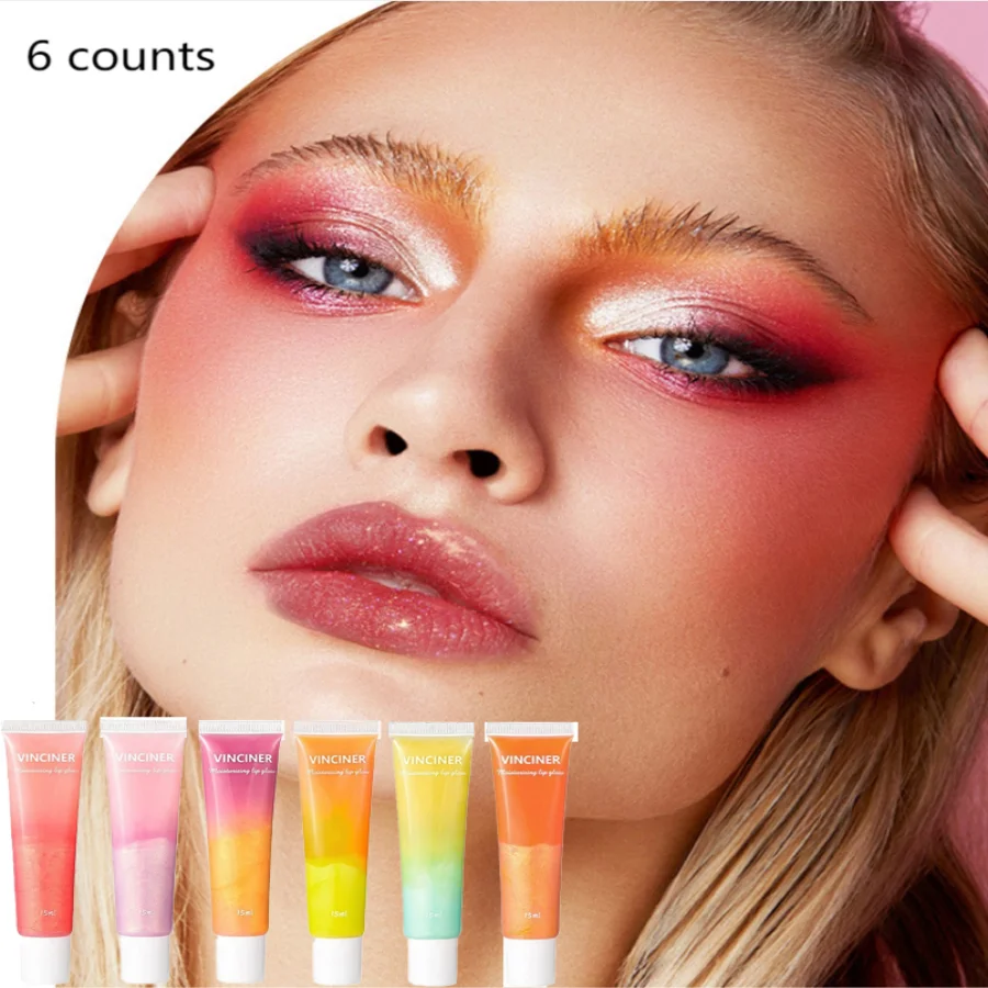 6 Double-Color Hose Plump Lip Gloss, High-Pigmented Non-Stick Sexy Lip Gloss, Rainbow Color-Changing Lip Gloss, Moisturizing and