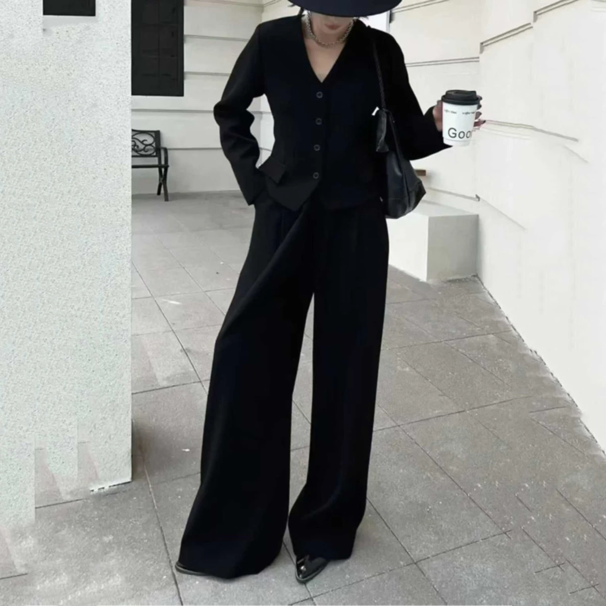 KWTX 2025 Musim Gugur Musim Dingin Setelan Celana Wanita 2 Potong Blazer Pendek Berkerah V Kancing Tunggal & Celana Panjang Lebar Kantor Berkualitas Tinggi