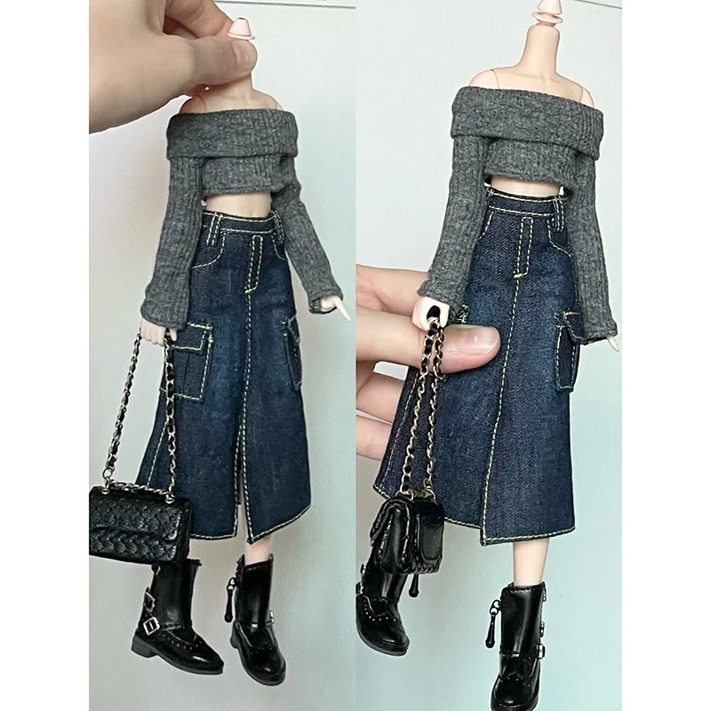 New Handmade Blythe Doll Clothes Off Shoulder Sweater Knit Tops and Split Denim Long Skirt Mini Dress for Blyth OB24 1/6 Dolls