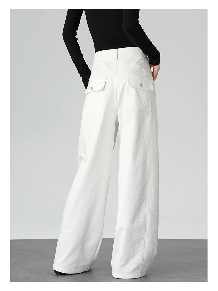 Hochgeschnittene Gerade Hose für Damen, Vintage-Stil mit Klappentasche, Gerade Weite Hose im Koreanischen Stil, Drapierendes Design, Schlankmachende Lange Hose – Detail 11