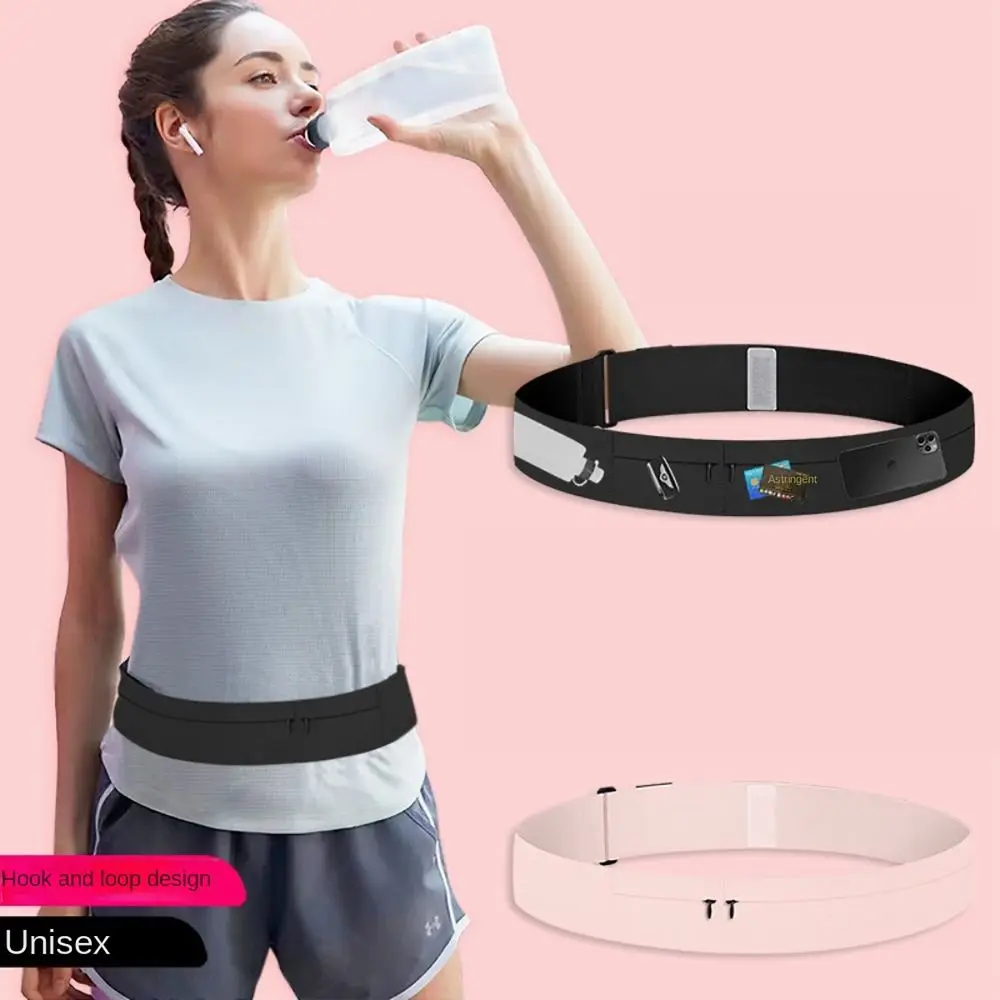 Ceinture de course mince avec 3 poches et porte-bouteille d'eau, rose, noir, polyamide, ceinture de sport pour téléphone, fermeture éclair invisible, ceinture de taille