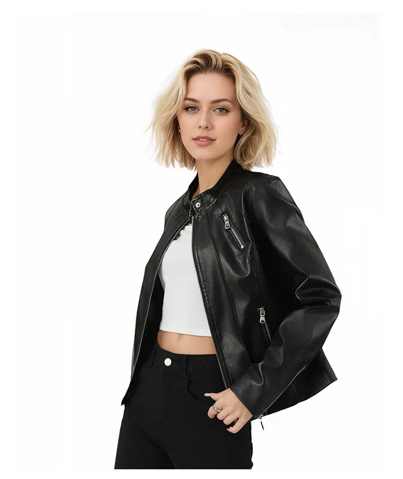 

2025 Fashion Slim-Fit Women's Stand-Collar Coat European American Style Women's Leather Jacket PU Leather Outerwear