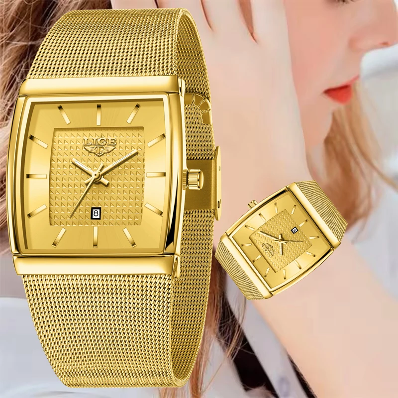 

LIGE Watch Women Gold Square Ultra Thin Mesh Luminous Bracelet Ladies Wristwatch Waterproof Quartz Watch Femme Relogio Feminino