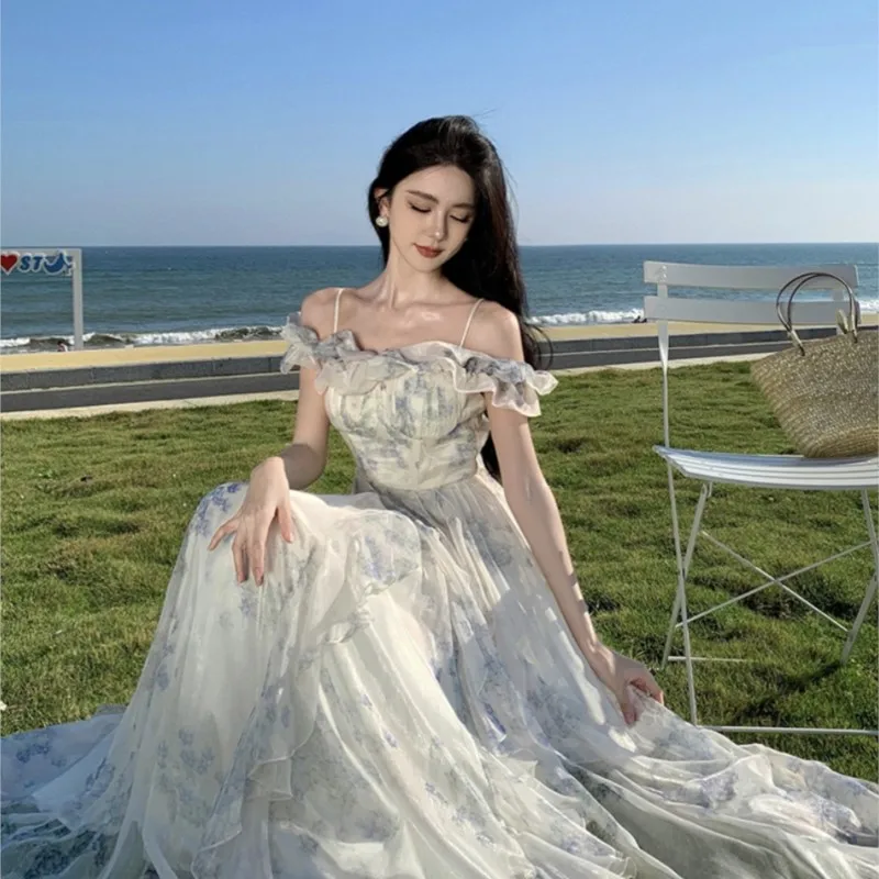 Travel Photography Beach Dress Elegant Ruffle Strap Seaside Holiday Swing Fairy Long Skirt