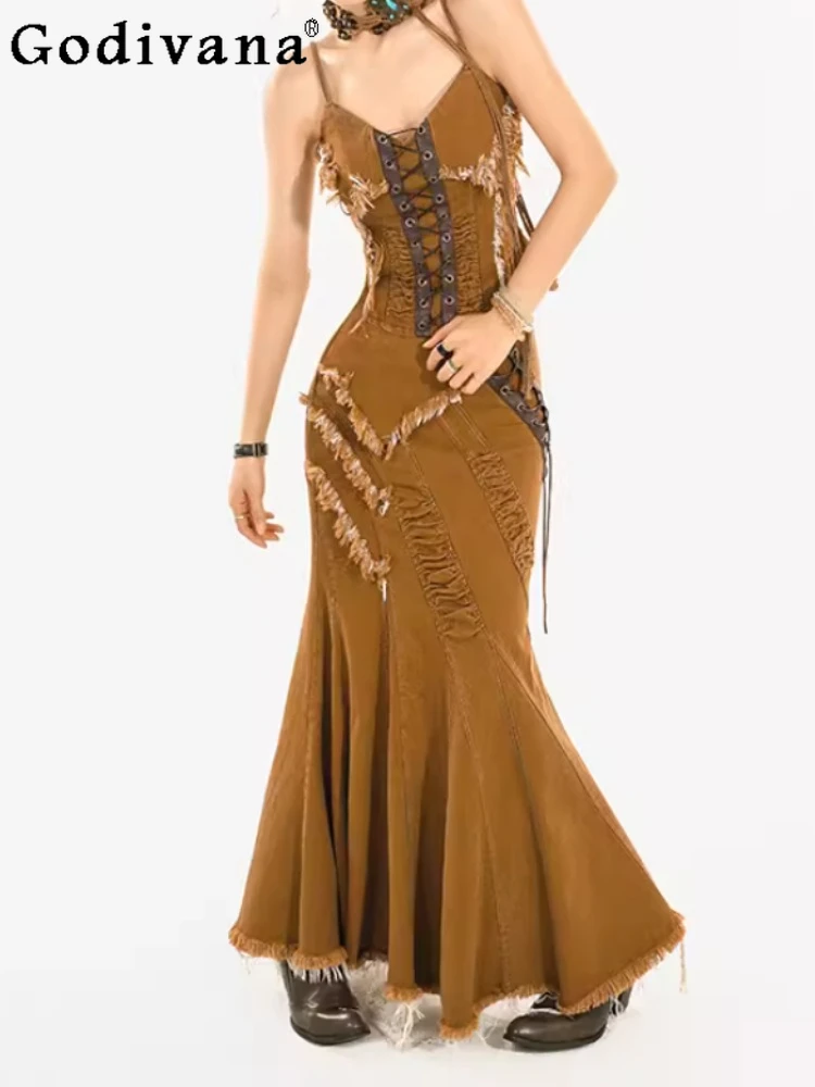 2026 Spring Autumn New Chic High Waist Street Denim Skirts Fashion Versatile Sexy Lace-up A-line Female Fishtail Long Skirt