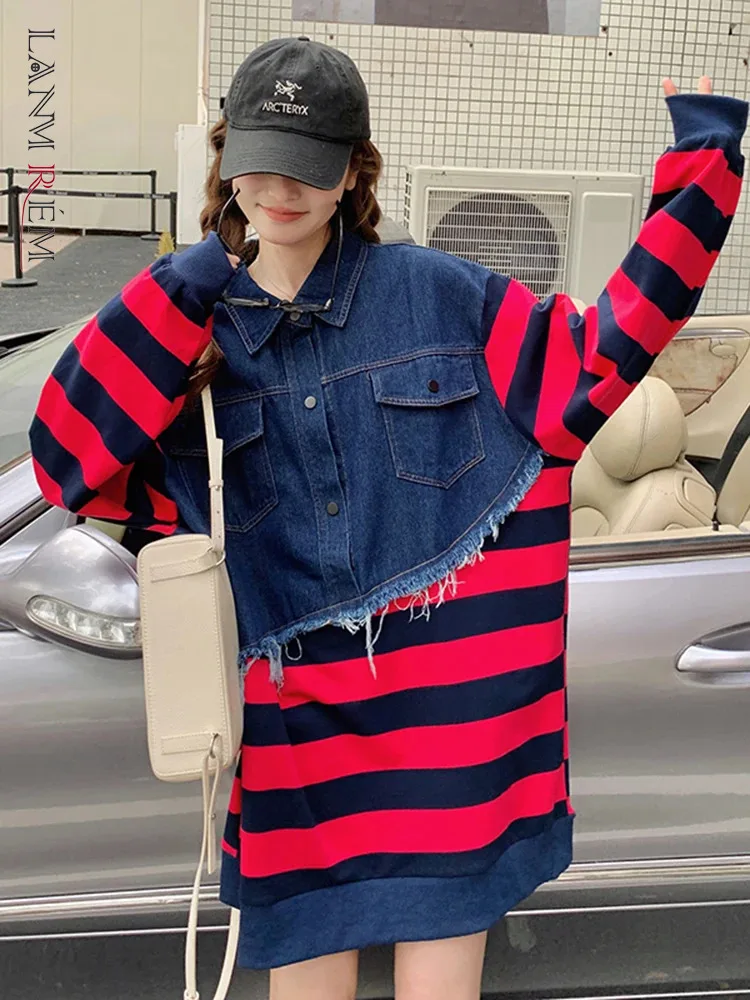 

LANMREM Patchwork Denim Sweatshirt For Women Long Sleeves Red Striped Loose Top Female Fashion Clothing 2024 Spring New 2DA3944