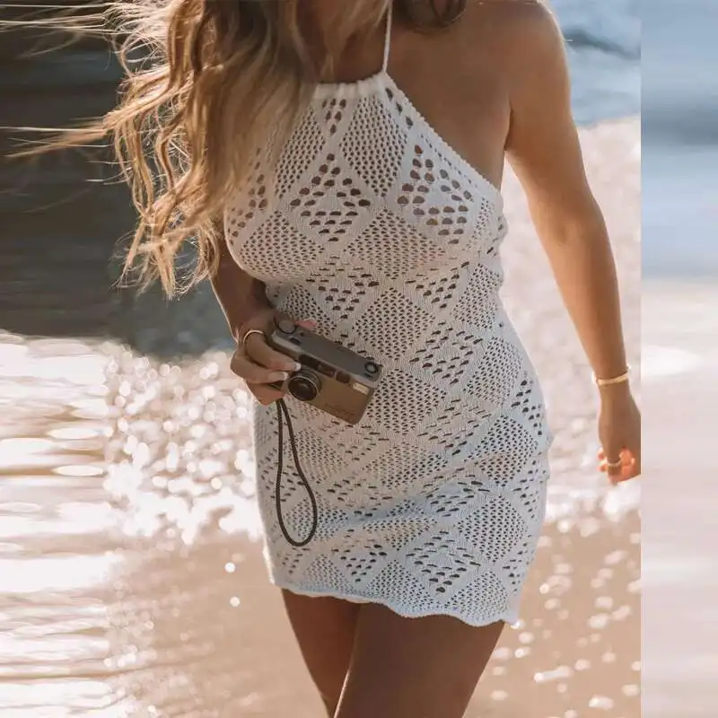ฤดูร้อนผู้หญิง Halterhollow Backless ชุดถักเซ็กซี่ถักโครเชต์ SLIM FIT Beach ชุดว่ายน้ําบิกินี่สีขาว COVER UP มินิเดรส