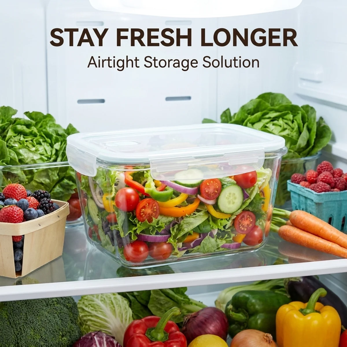 Huge Capacity 2500ml Glass Serving Bowl with Airtight White Lid – High Borosilicate Material, Stackable Crisper Container