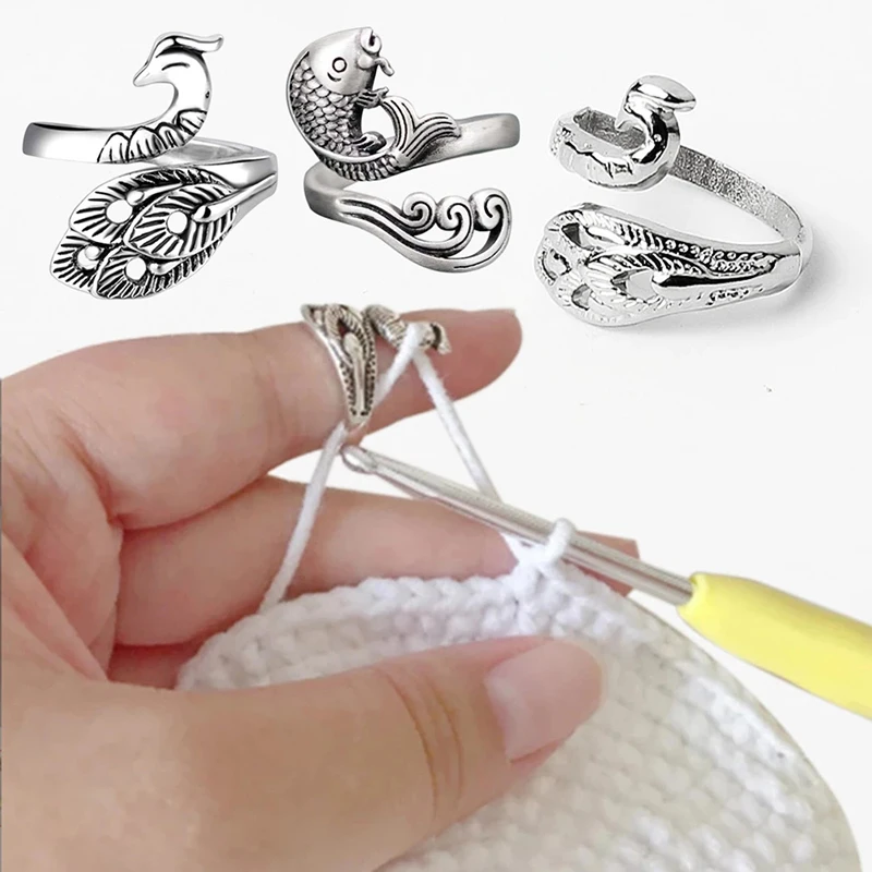 1PC Knitting Loop Crochet Tool Sewing Peacock Fish Ring Finger Needle Braiding Crochet Yarn Guide Adjustable Thimble Accessories