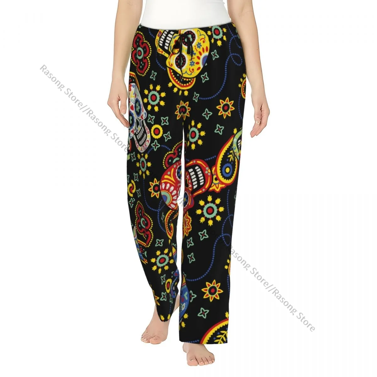 

Cute Day Of The Dead Skulls With Bandana Paisley Women Sleep Pants Warm Flannel Lounge Pants for Winter Nights