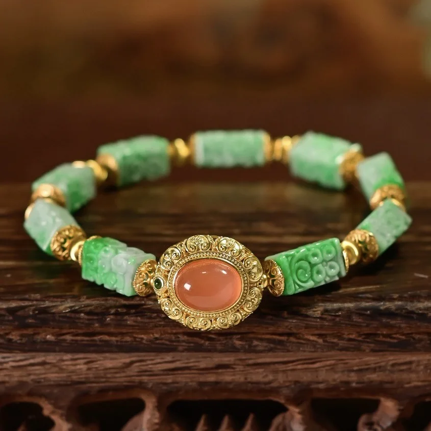 Natural A Grade Jadeite Cloud Pattern Carved Column Bead Bracelet, Red Agate, S925 Silver Gold Plated, Chinese Vintage Bracelet