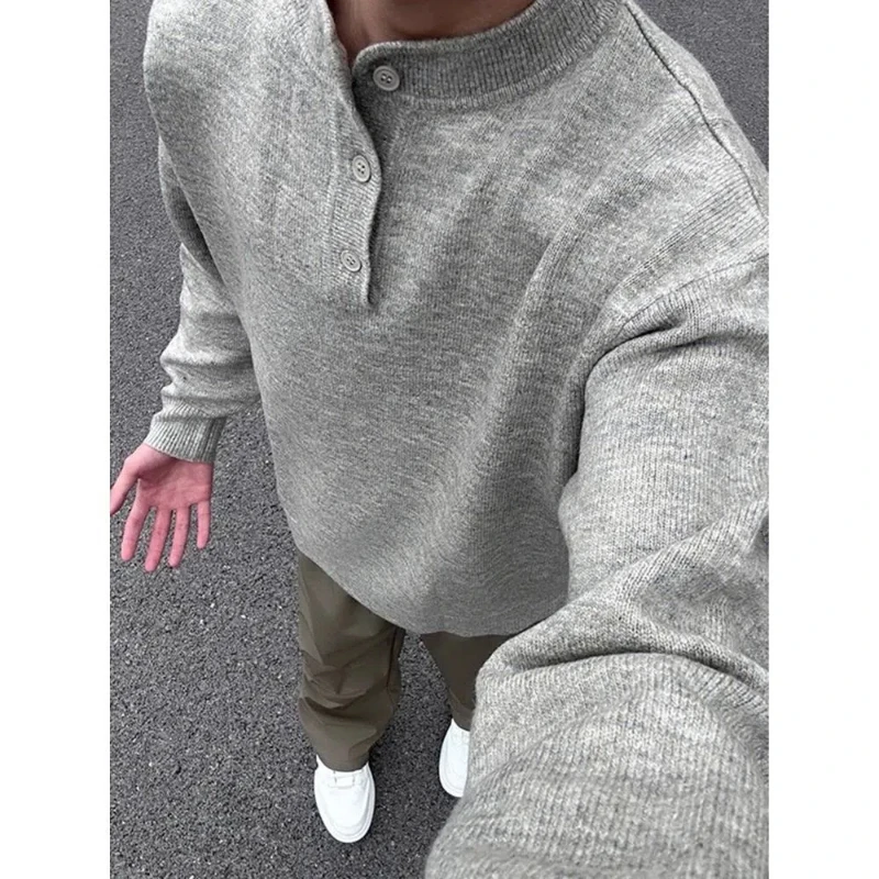 American Retro Gray Henry Collar Sweater Lazy High-end Autumn and Winter Sweater Lazy Style Cleanfit Jacket