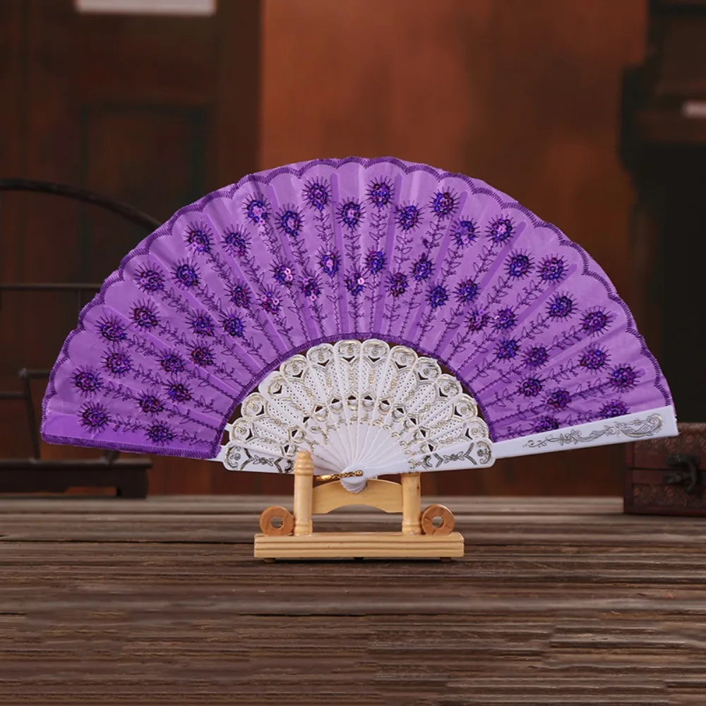 Home Decoration Giltter Sequins Folding Fan Chinese Style Plastic Handle Peacock Dancing Fan Handheld Hand Fan Dance Props