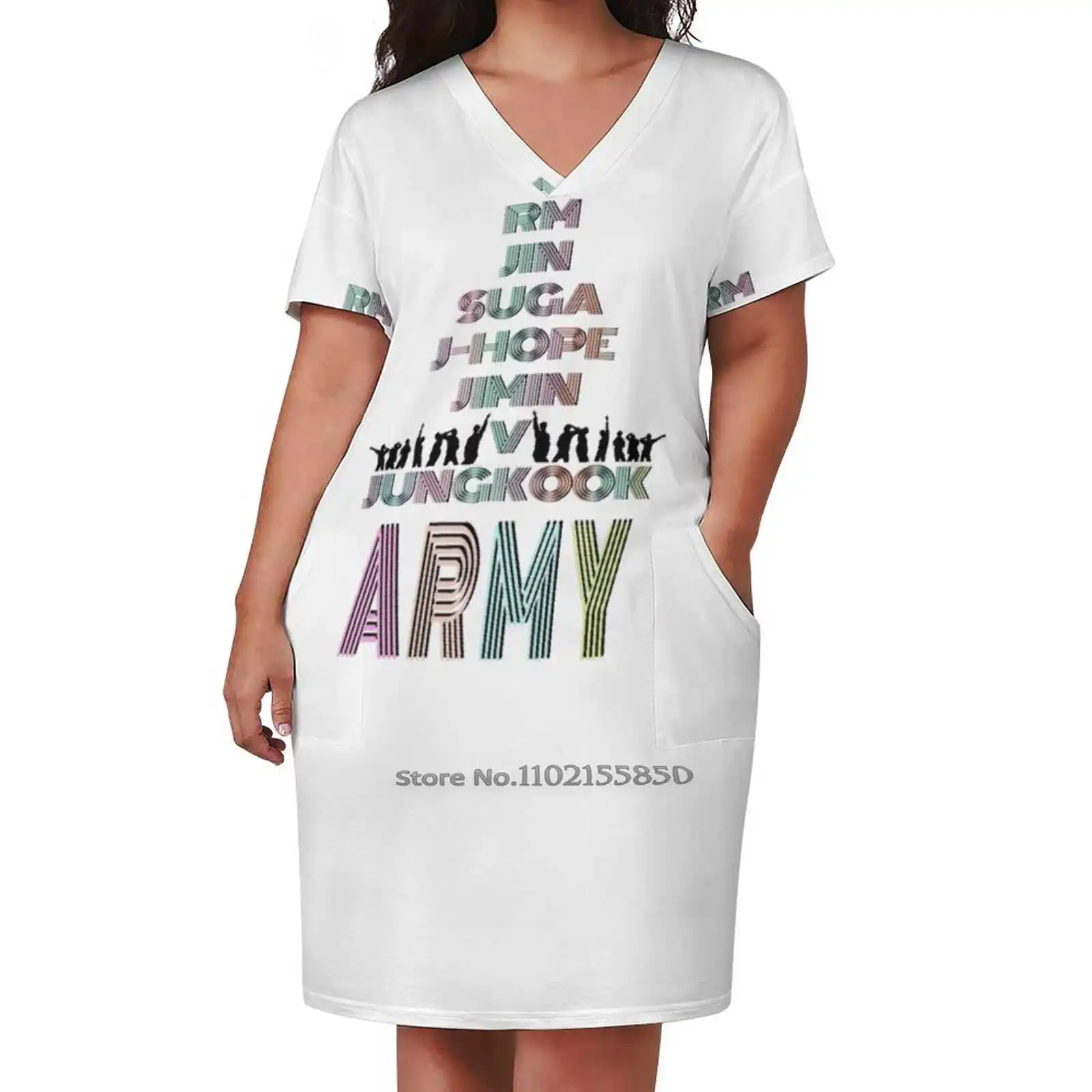 Robe ample à poches de l'armée, Sexy, col en V, manches courtes, tenues imprimées, tenues de l'armée K Pop, étuis à rabat