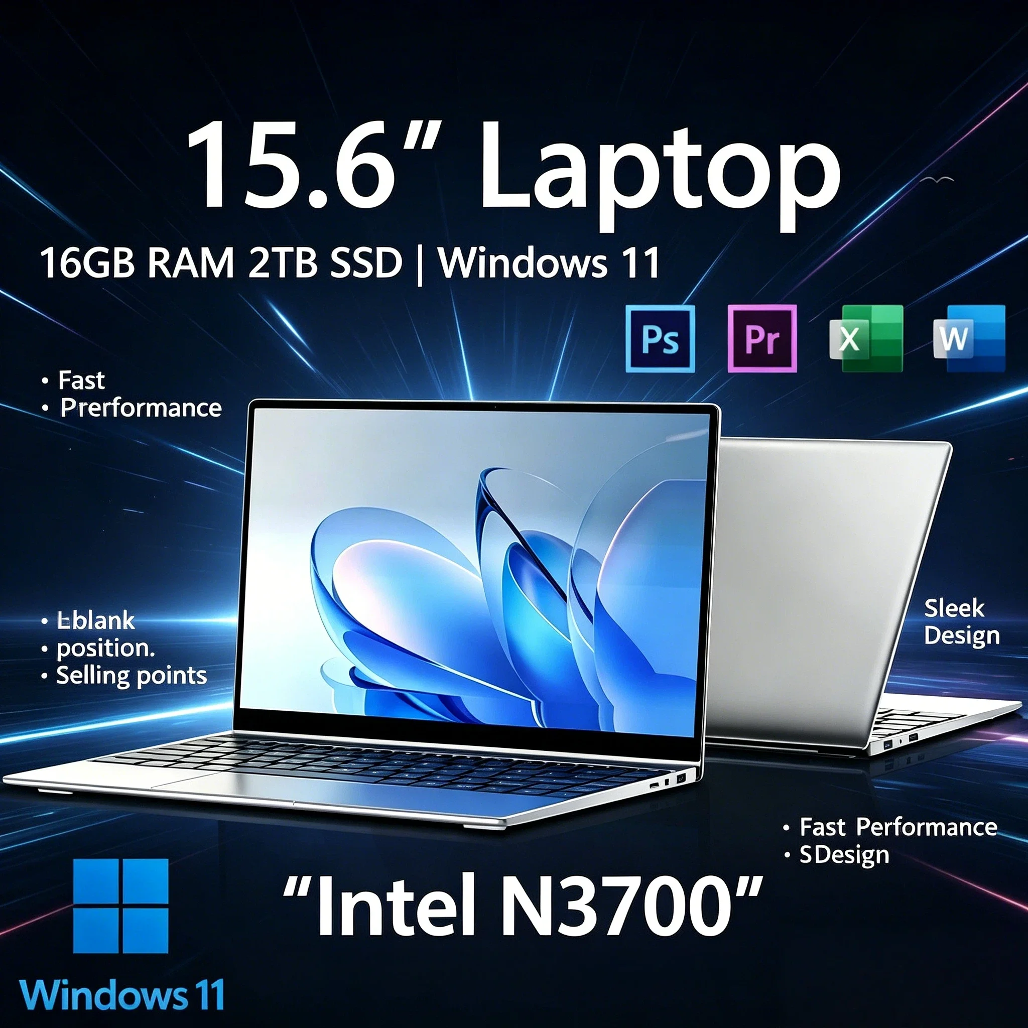 

NEW 15.6 Inch Ultra Slim Laptop Intel N3700 16GB RAM 2TB SSD Windows 11 Notebook Gamer 1920x1080 Office Study PC Max