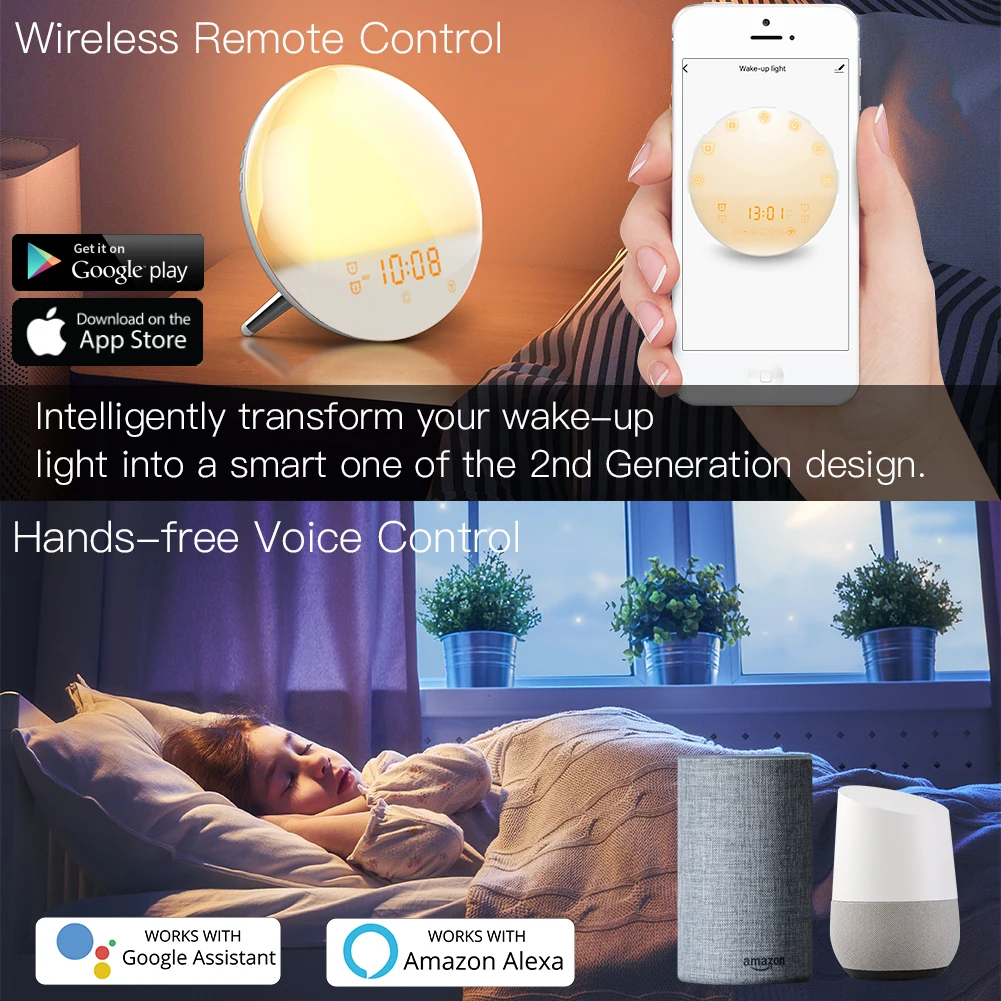 Imagem -06 - Moes-despertador de Luz Inteligente com Wi-fi Simulação Sunrise Sunconjunto Controle Tuya App Funciona com Alexa Google Home Cores