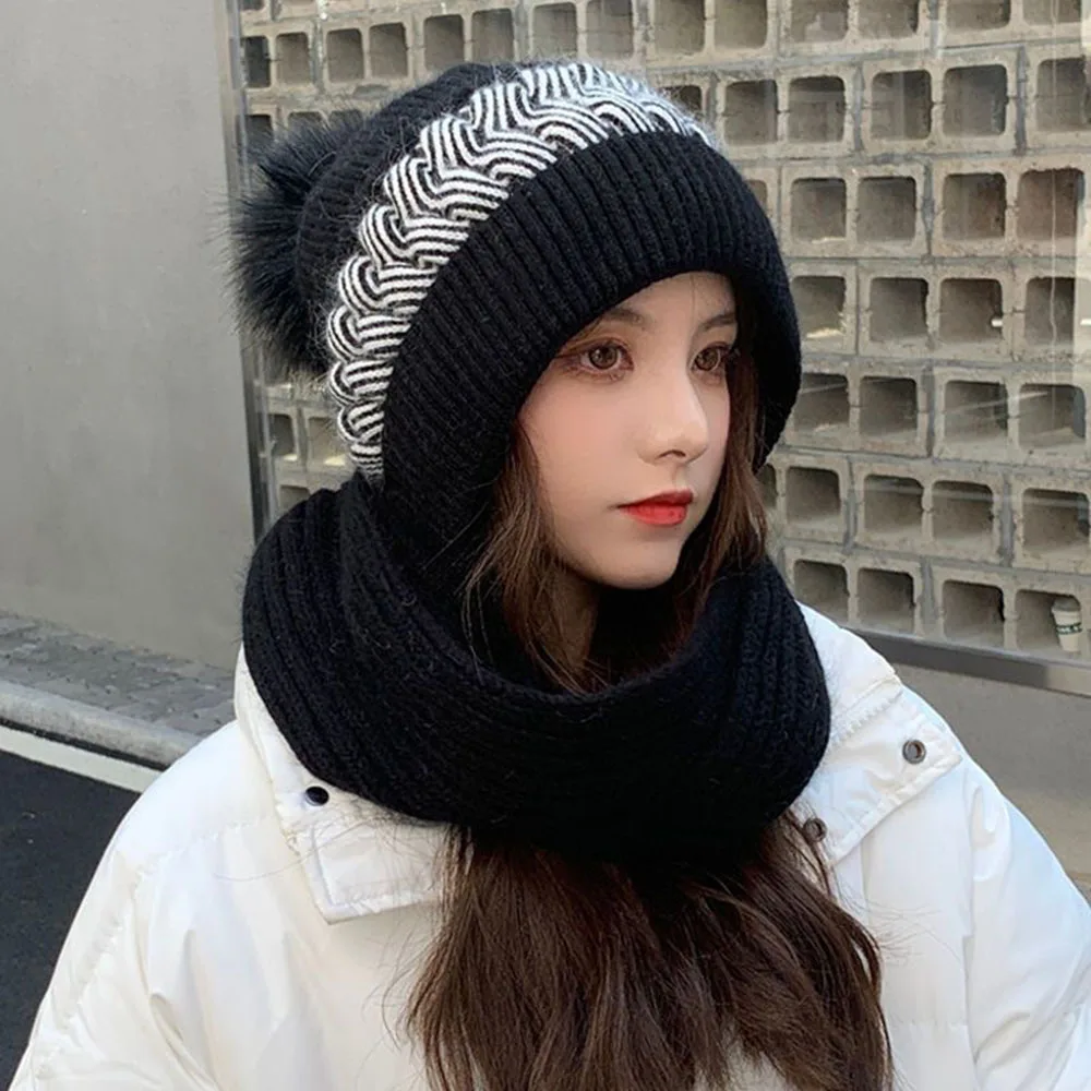 Conjunto de gorro y bufanda 2 en 1 coreano para mujer, gorro tejido con pelo de conejo cálido para invierno, protección para los oídos para ciclismo, gorro acolchado a prueba de frío para el cuello