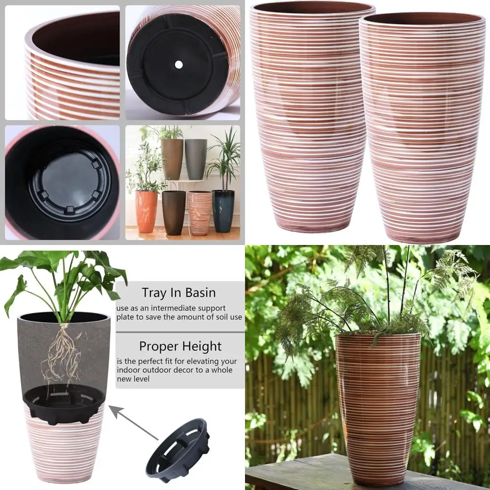 

Outdoor Tall Planters - Coffee & Milk Finish, Decorative Flower Pots for Porch, Lightweight & Durable, with Movable Shelf and Dr