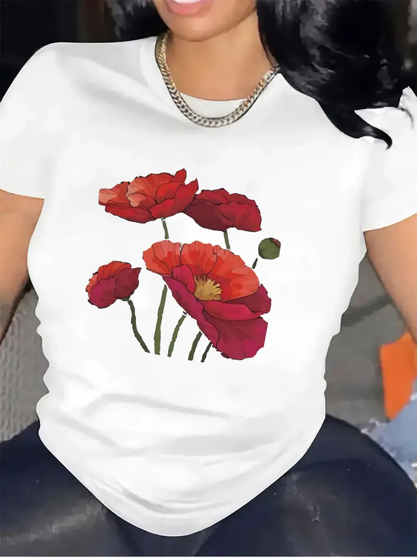 Short Sleeve T-Shirt with Red Poppy Flower Design Harajuku Sleeve Casual T-shirt Clothing Street Tops Tees Aesthetic Clothes