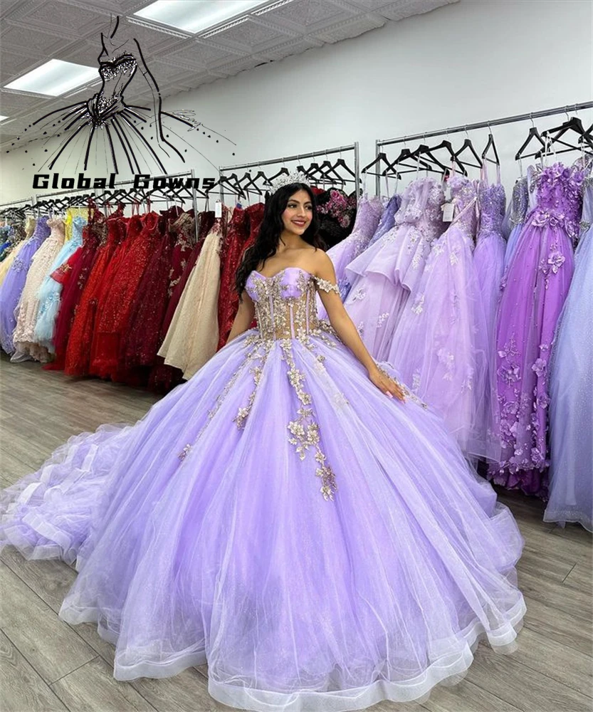 Mexico Lilac Lavender Purple Off The Shoulder Ball Gown Quinceanera Dresses For Girls Beaded Appliques Party Gowns Customized