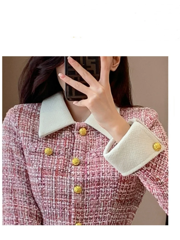 Rosa kleines duftendes Tweed-Kleid für Frauen Herbst Winter Französisch Licht Luxus Einreiher Patchwork kurze Wollkleider