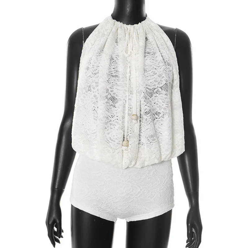 Frauen Mode Sexy Spitze Playsuits Ärmellose Halter-Backless Plissee Lose Top Dünne Shorts Club Party Strampler Casual Overalls