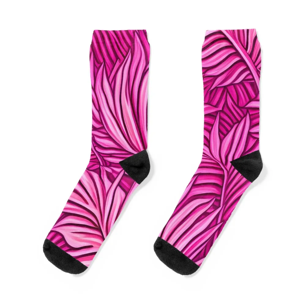 Hot Pink Banana Leaves Abstract Illustration for Whimsical Eclectic Decor Socks
