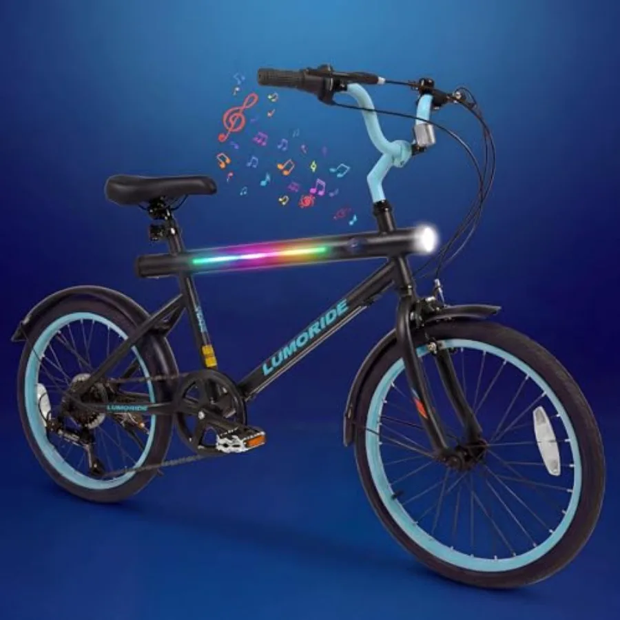 

20-дюймовый горный велосипед с 7 режимами освещения, Bluetooth-музыкой, 6-скоростной трансмиссией для мальчиков и девочек 6-14 лет, черная рама