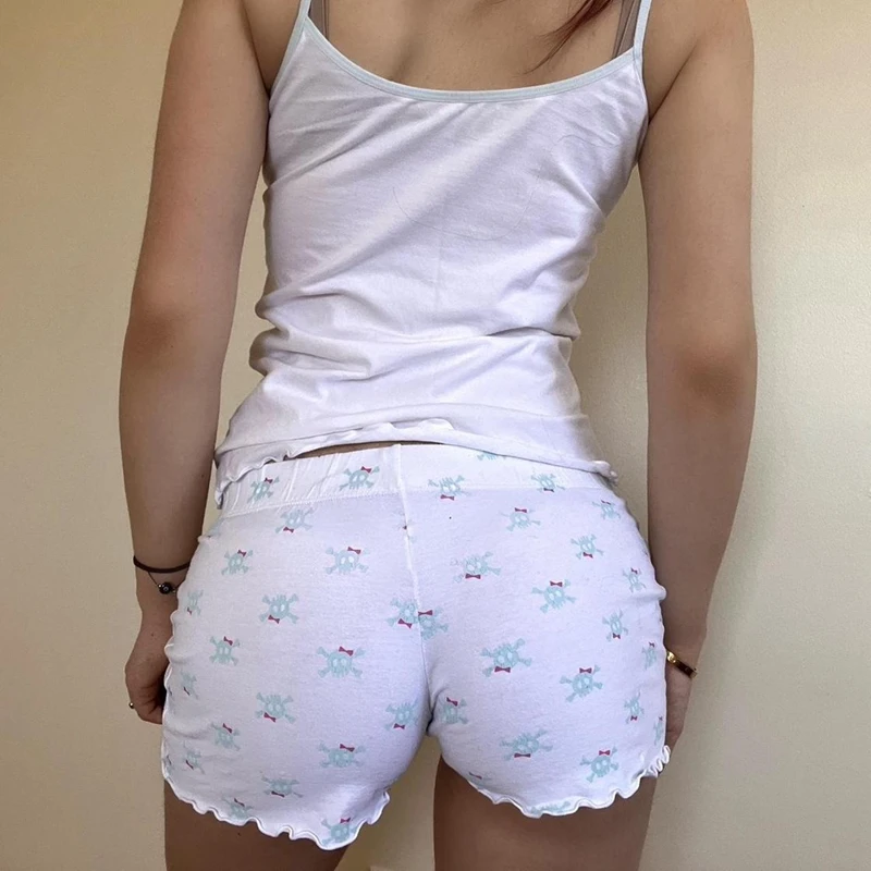 Maemukilabe Fee Y Y 2K 00S Vintage 2 Delige Kawaii Skull Print Pyjama Set Mooie Witte Cami + Mini Short Grunge Coquette Lounge