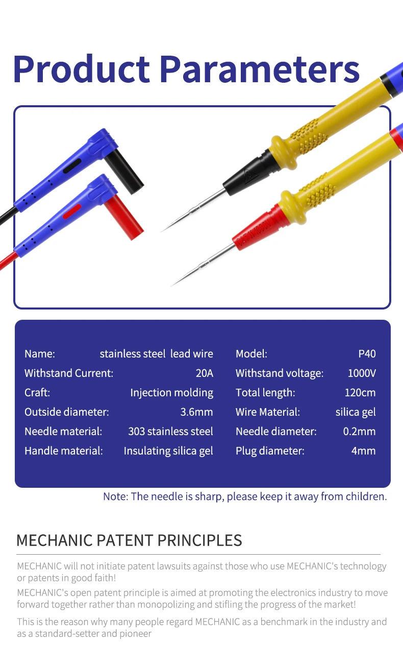 MECHANIC P40 Edelstahl-Sondenmessleitung, 0,2 mm, hochpräzise Nadel, 1000 V, 20 A, für Multimeter, Universal-Tester, Stiftwerkzeug – Detail 5