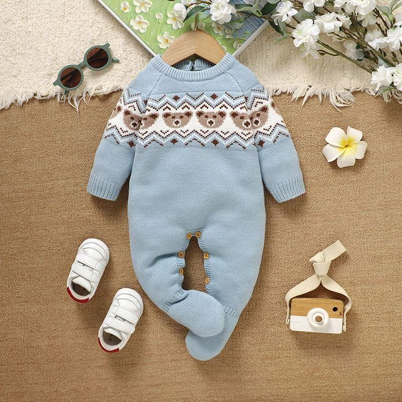 

Infant Baby Romper Knitted Autumn Newborn Kid Clothes 0-9M Cute Bears Overalls Warm Girl Jumpsuit Long Sleeve Foot Wrap Playsuit