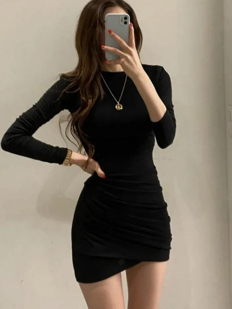 Women Mini Dress Base Layer 2025 Autumn Vibe Long Sleeve Dress Women's Ruched Fitted Waist Slim Bodycon Mini Dress