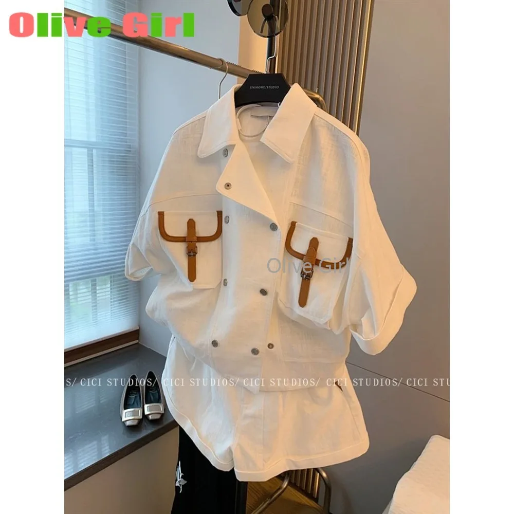 

Оливковая белая рубашка-поло для девочек с короткими рукавами, французский двубортный комплект рабочей одежды для женщин, наряд 2025 года, летние крутые шорты Sa Top