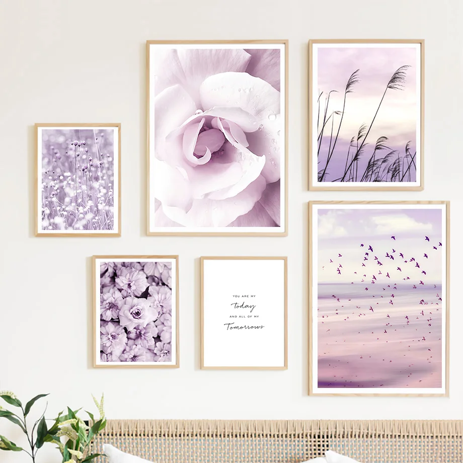 

Картина на холсте с изображением птиц, цветов и пейзажа пляжа Purple Sea, постеры и принты для отелей, баров и гостиных