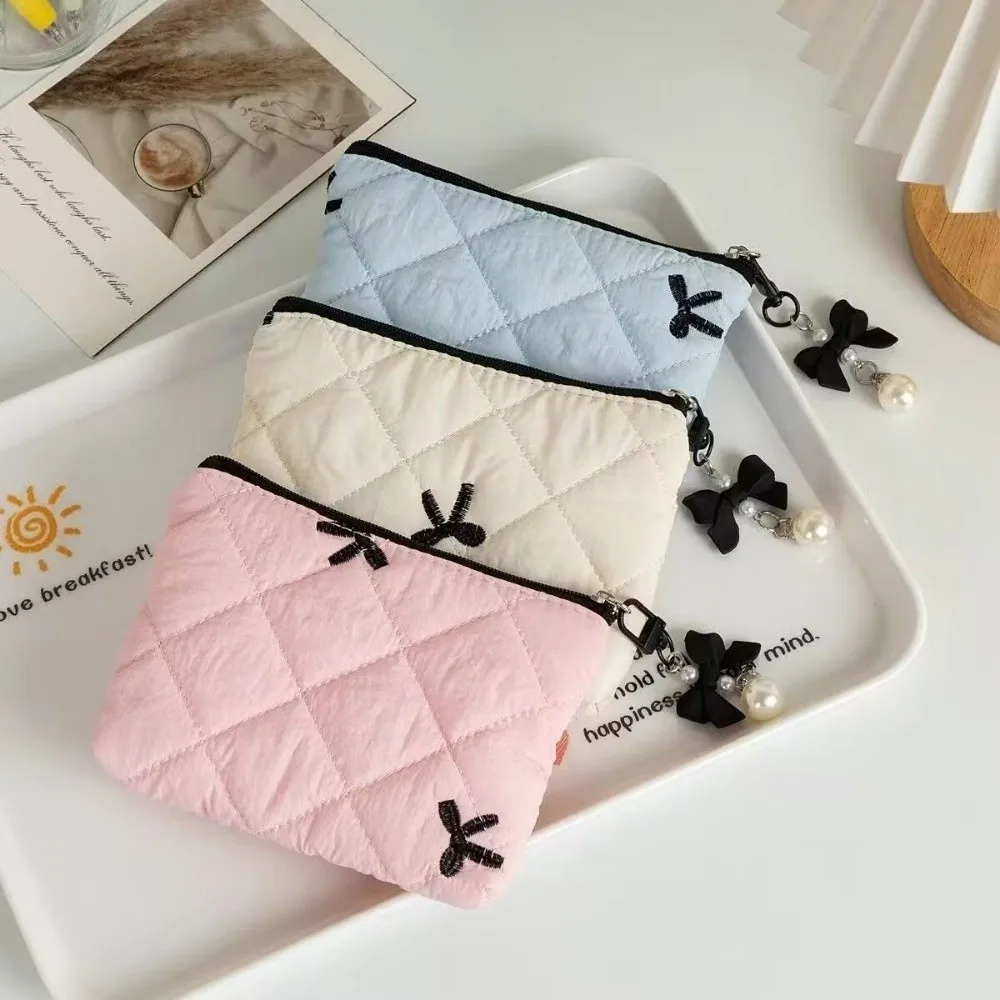 Fashion Quilted Zero Wallet Mini Multi-functional Bow Coin Purse Earphone Data Cable Lipstick Storage Bag Makeup Pocket