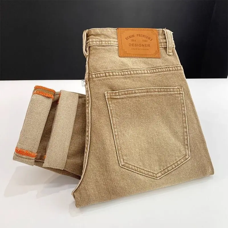 High-end 2026 Luxury Brand Clothes Khaki Jeans Men's Light Luxury Washed Casual Elastic Slim Small Feet Embroidered Long Pants