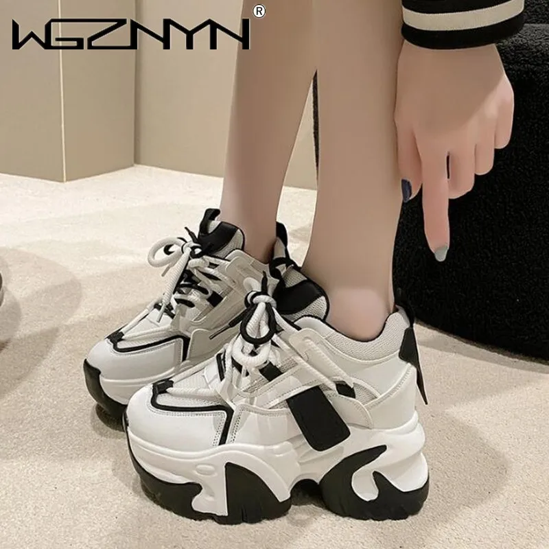 

Women Walking Sneakers 2024 Autumn Lace-up High Platform Chunky Shoes Breathable Leather Shoes 10CM Wedge Heels Casual Shoes