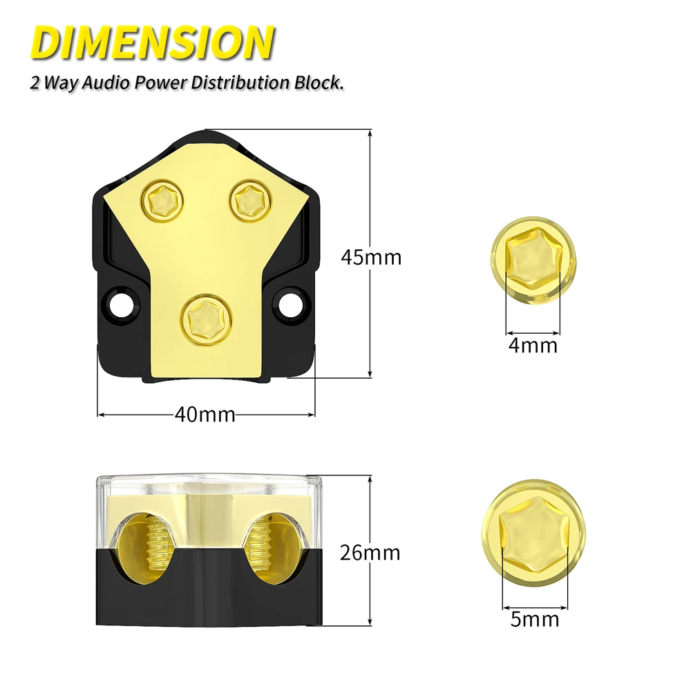 2 Way Power Distribution Block 0/2/4 AWG Gauge in 4/8/10 Gauge Out Car Audio Stereo Amp Distribution Connecting Block